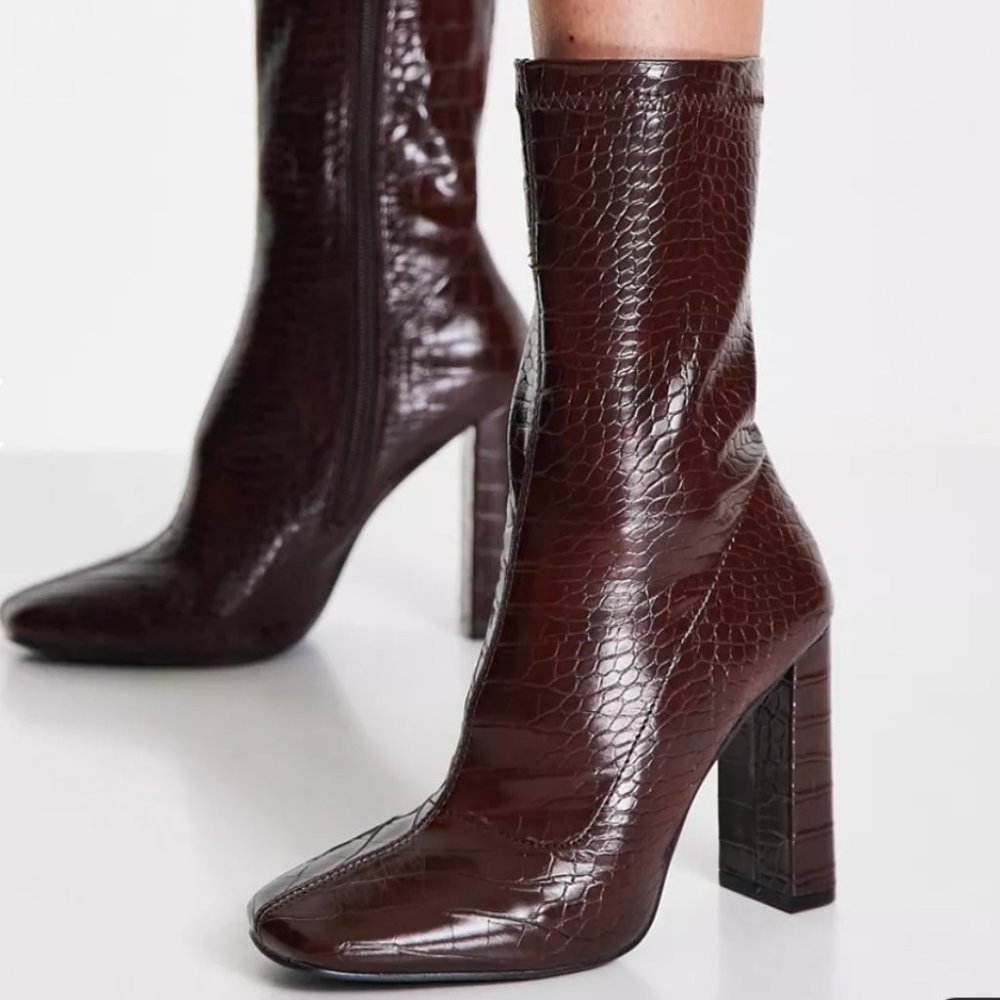 Asos Glamorous Block Heel Sock Boot In Brown (Nwt) - image 1